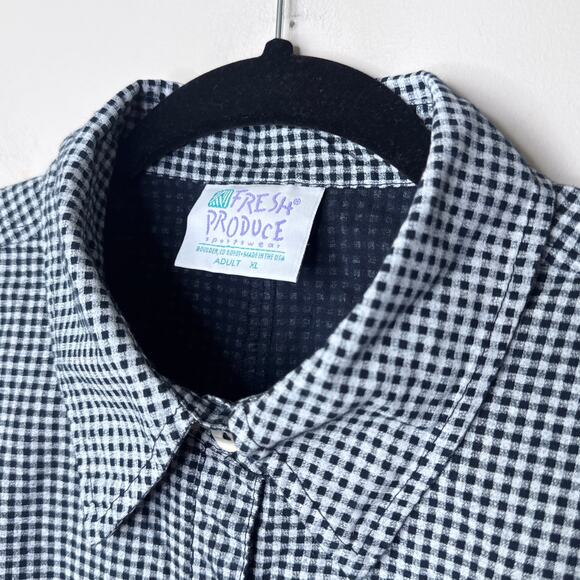 Fresh Produce Gingham‎ Plaid Black & White Button Up 3/4 Sleeve Shirt Size XL - Picture 3 of 9